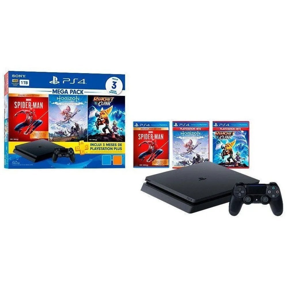 Console PlayStation 4 MEGAPACK V15 1TB + Controle Dualchock 4 + 3 Jogos + PS Plus 3 Meses