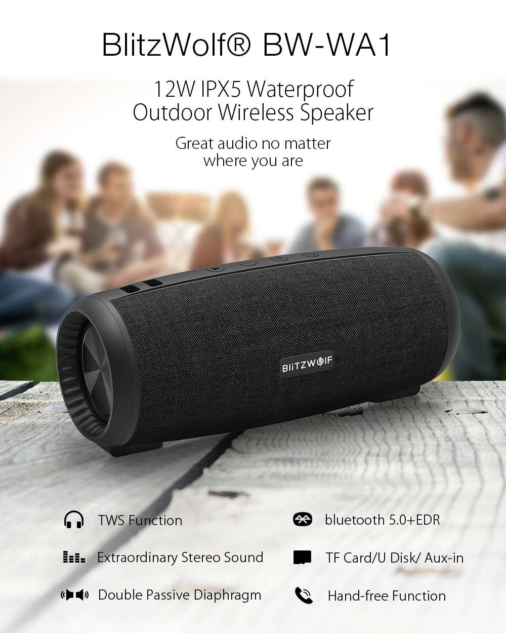Caixa de Som Blitzwolf BW-WA1 12W Sem Fio Bluetooth 5.0 Alto-Falante Duplo