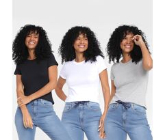 Kit Camiseta Hering Básica Feminina 3 Peças Preto+Branco
