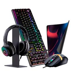 Kit Gamer 5 em 1 Onikuma, Headset RGB, Drivers 50mm, com Suporte + Teclado + Mouse, 3600DPI + MousePad (350x3x300mm), Preto X7PRO