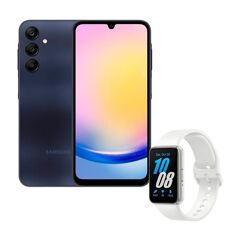 Kit Smartphone Samsung Galaxy A25 5G 256GB 8GB Octa Core Azul Escuro + SmartWatch Samsung Galaxy Fit3 53mm Tela Amoled Resistência à Água Prata