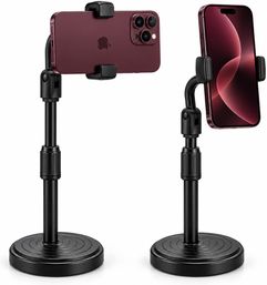 Suporte de Mesa para Celular 360° com Altura Ajustável de 23 a 37 cm Articulado Base Redonda Estável